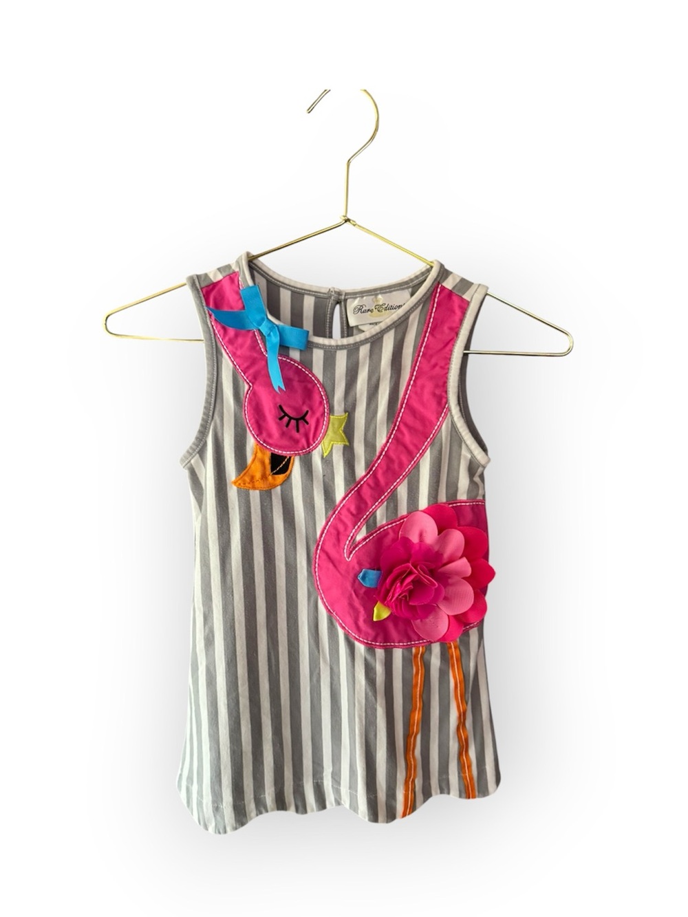 Rare Editions Gray & White Striped Toddler Dress with Pink Flamingo Applique